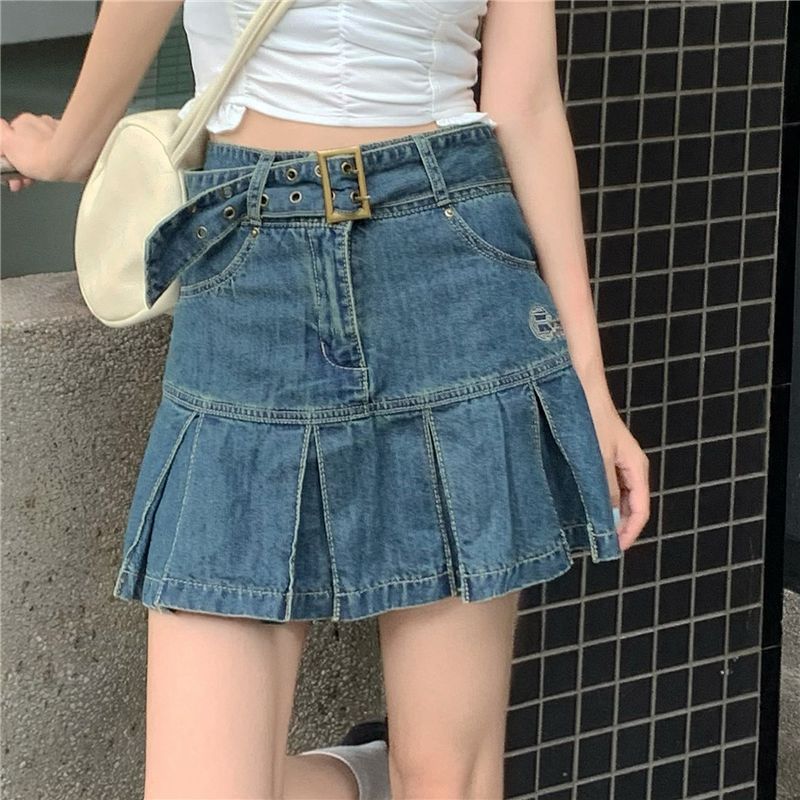 Alfie - Geplooide denim rok met hoge taille