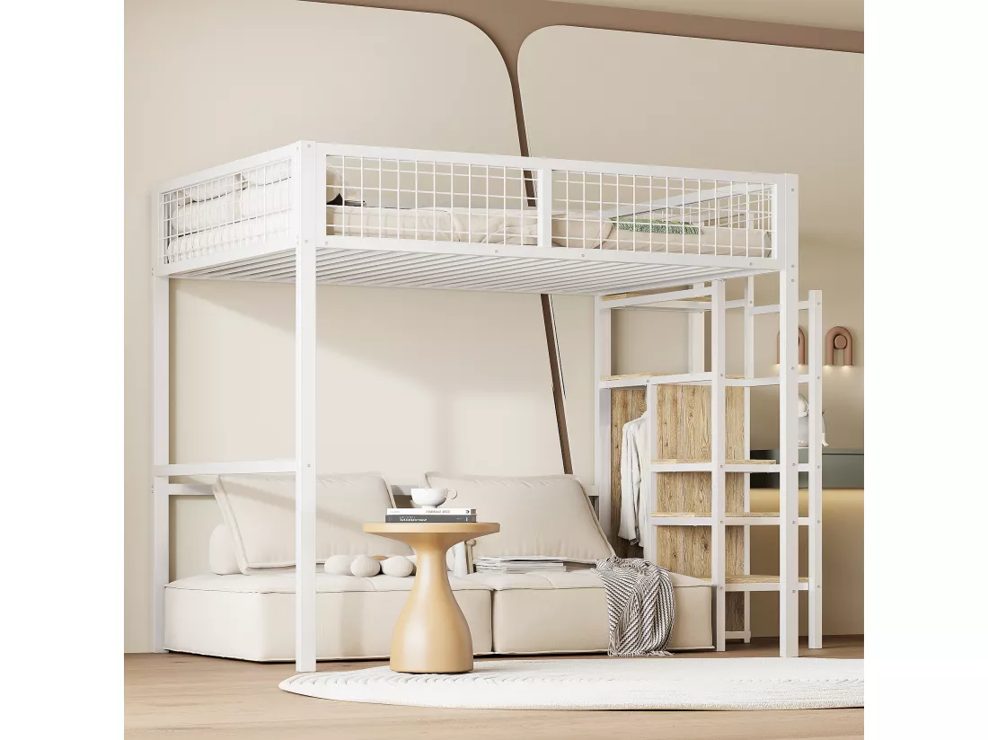 Lit mezzanine 140 x 200 cm avec armoire ouverte et échelle - structure en métal - blanc