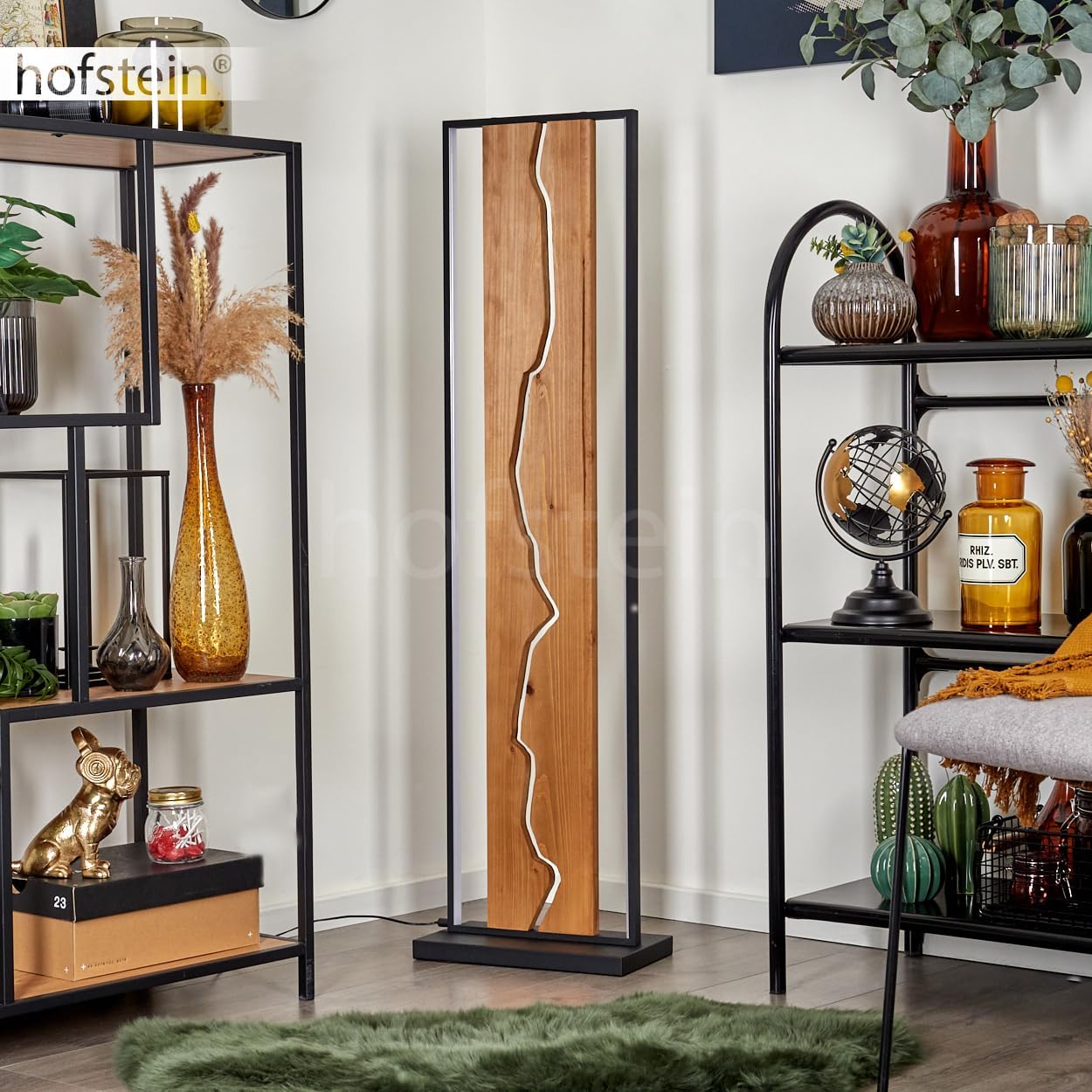 LED Stehleuchte Terre, Stehlampe aus Metall/Holz/Kunststoff in Schwarz/Naturfarben/Weiß, Retro/Vintage-Design mit Schirm aus Holz, Höhe 120, 18 Watt, 2300 Lumen, 3000 Kelvin