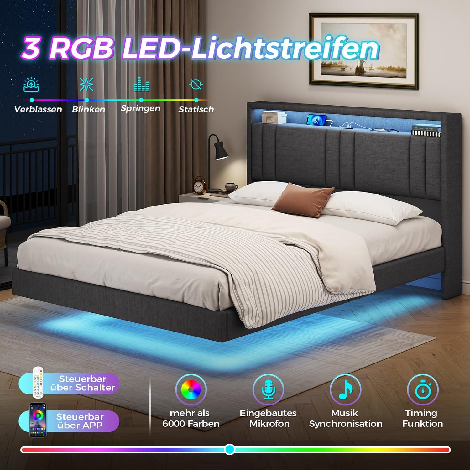 Polsterbett 140x200 cm, Schwebebett, Bettrahmen mit LED-Beleuchtung, Ladestation, Doppelbettgestell, Bettgestell mit Kopfteil, Bett, Schwebender visueller Effekt, für Schlafzimmer, Leinenstoff Grau