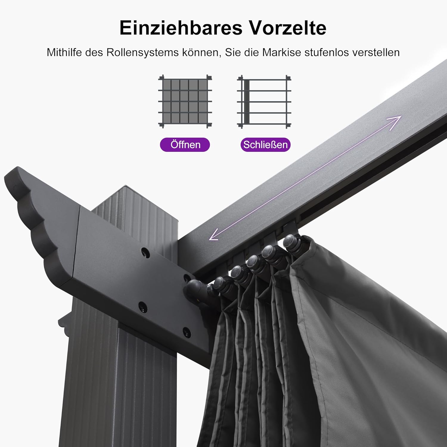 PURPLE LEAF Aluminium Pergola 3 x 3.65 m Wasserdicht Stabil Winterfest, Garten Pavillon mit Sonnenschutz Überdachung, UV-Schutz, Grau
