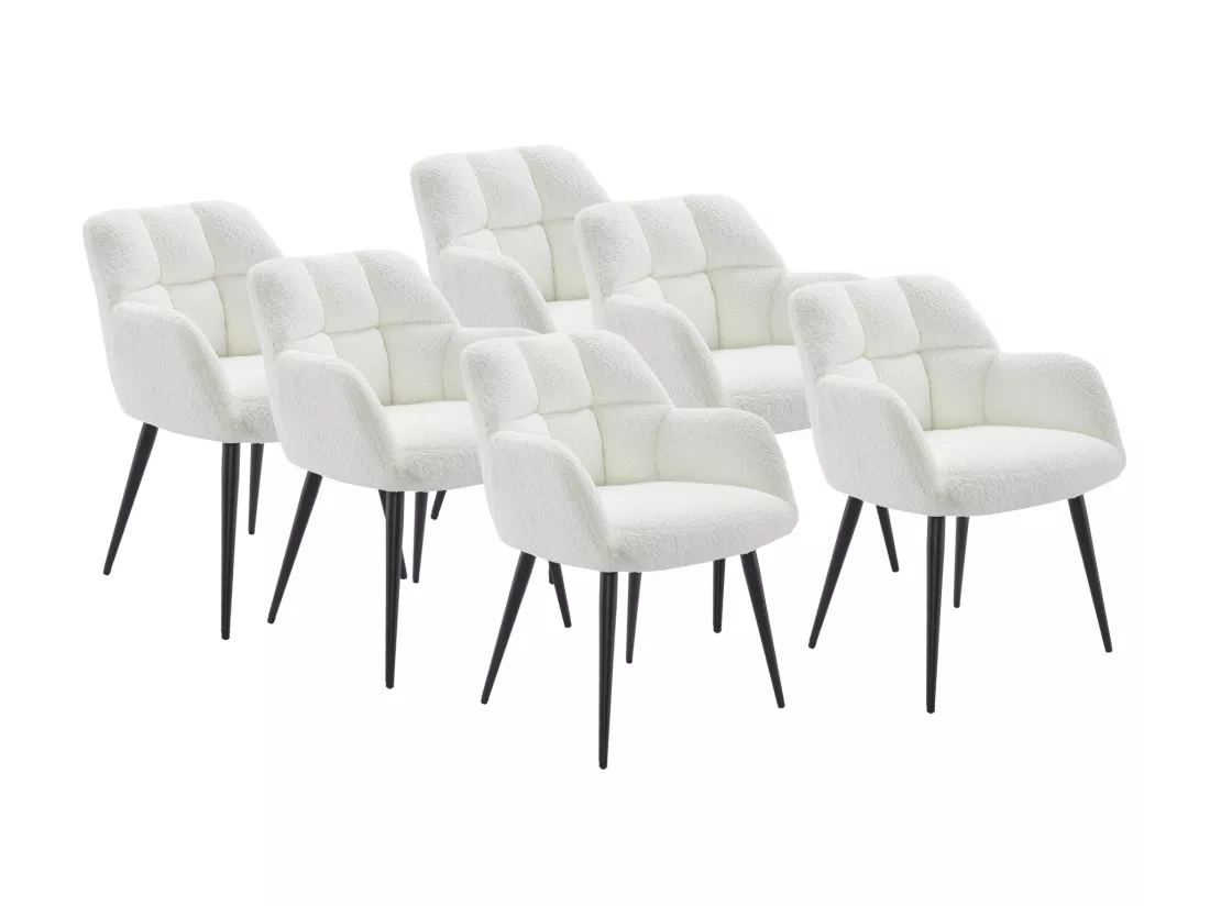 Lot de 6 chaises avec accoudoirs - Tissu bouclette et métal noir - Blanc - PEGA de PASCAL MORABITO