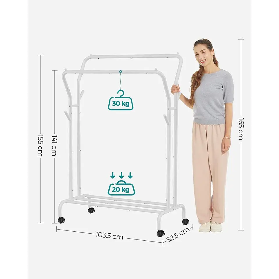 Furnihaus Kledingroede Kledingrek Dubbele Kledingophangrail met wielen 103,5 cm