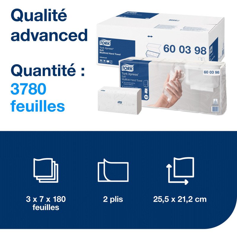 Essuie-mains pliage enchevêtré Tork H2 Advanced doux - Carton de 3780