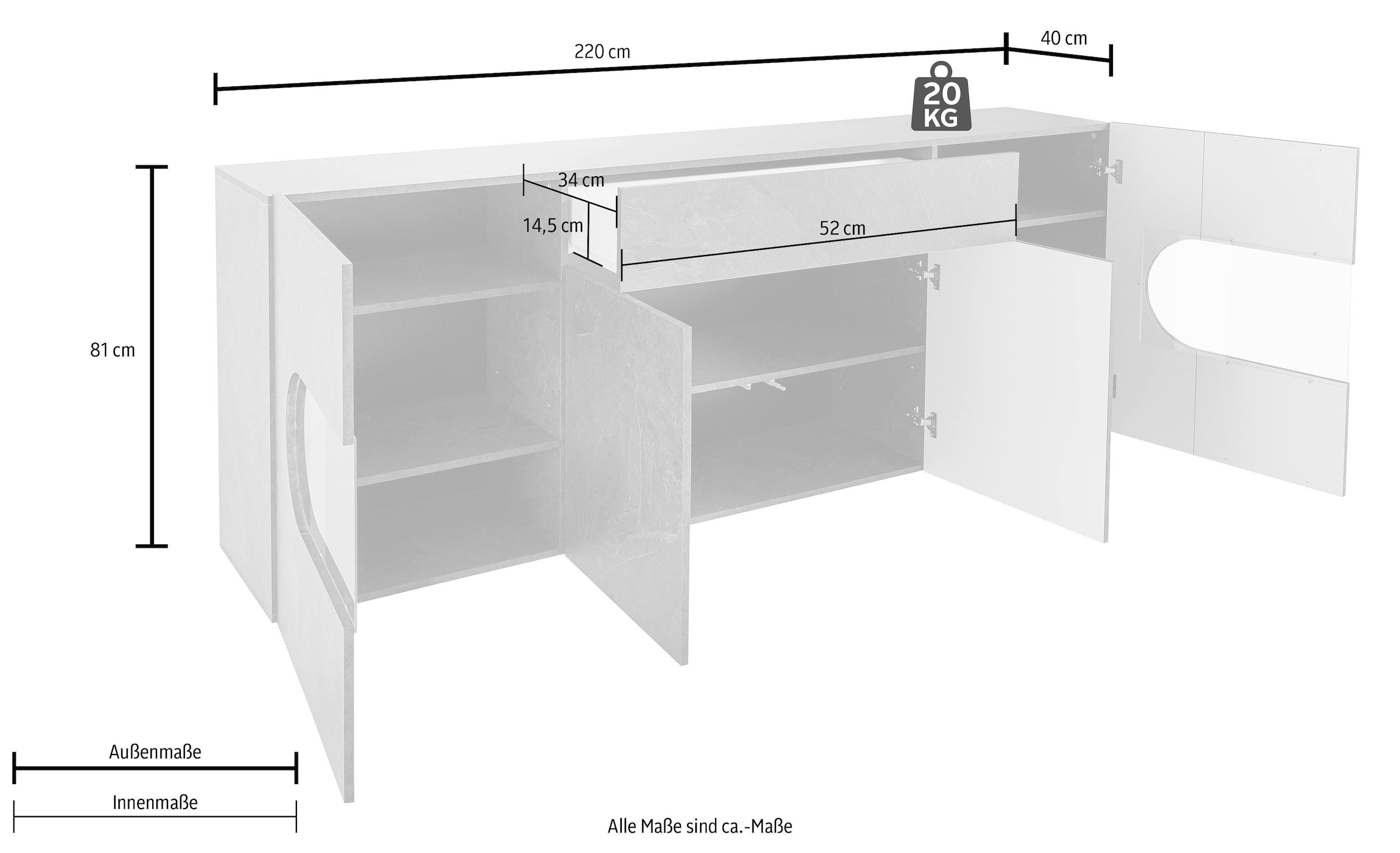 INOSIGN Sideboard »Real,Vitrine,Kommode,Schrank,komplett hochglanz lackiert« mit  4 Türen davon 2 Glastüren und 1 Schublade ohne Griff Breite 220cm