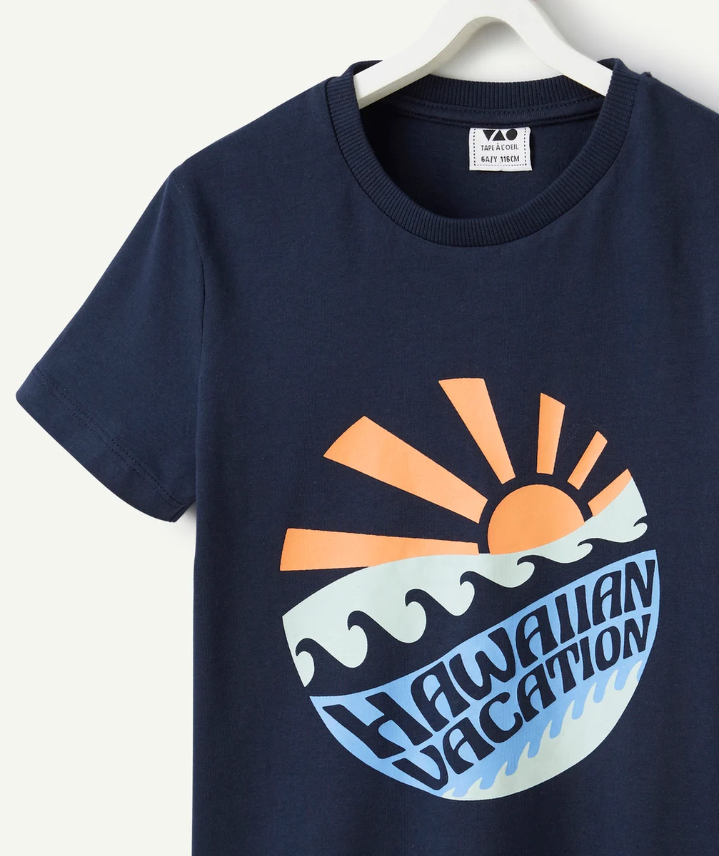 t-shirt manches courtes garçon en coton bio bleu thème vacances