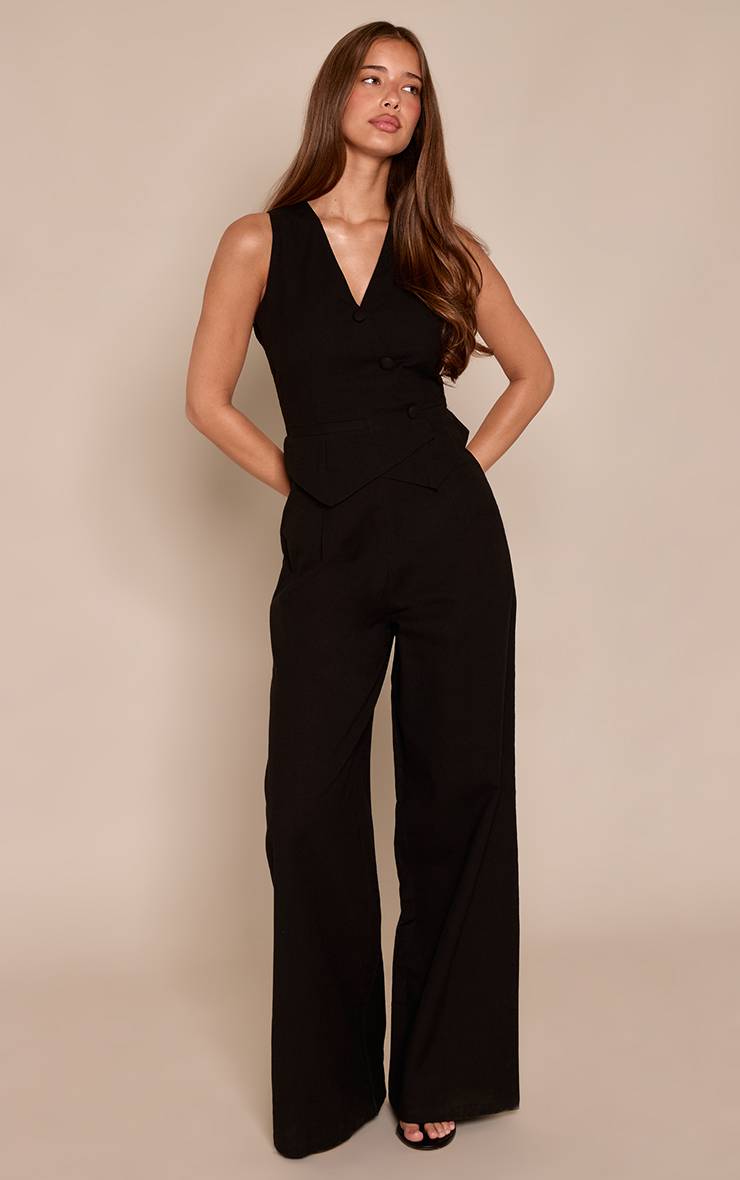Noir Combinaison-pantalon Effet Lin Avec Bustier Gilet