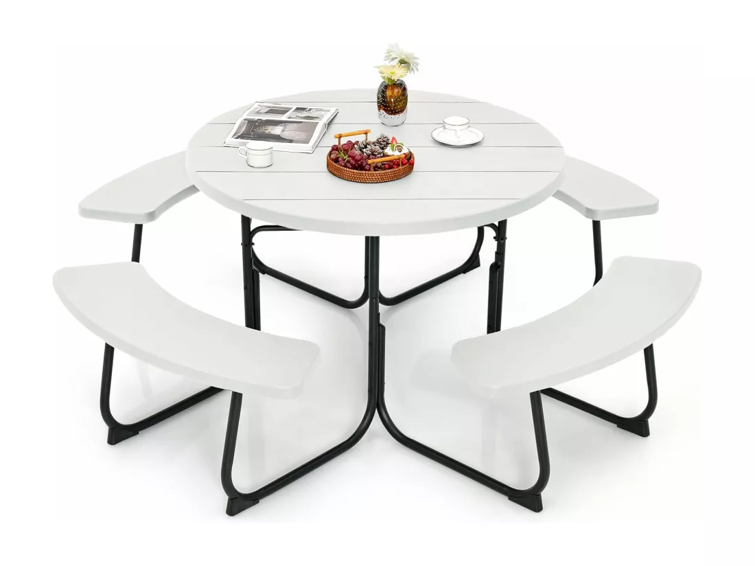 Ensemble Table de Pique-Nique avec 4 Bancs Intégrés, Ensemble de Jardin Table de Pique-Nique Circulaire 135KG Trou pour Parasol, pour Jardin Piscine, 190 x 76 cm (Blanc)