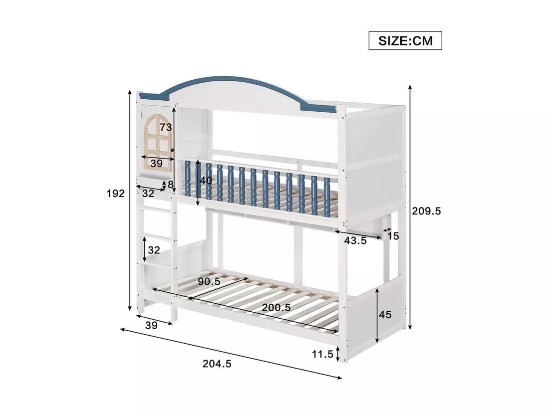 Lit superposé pour enfants 90x200cm, avec protection contre les chutes et rails, avec toit et fenêtres, clôture en bois massif, blanc + bleu