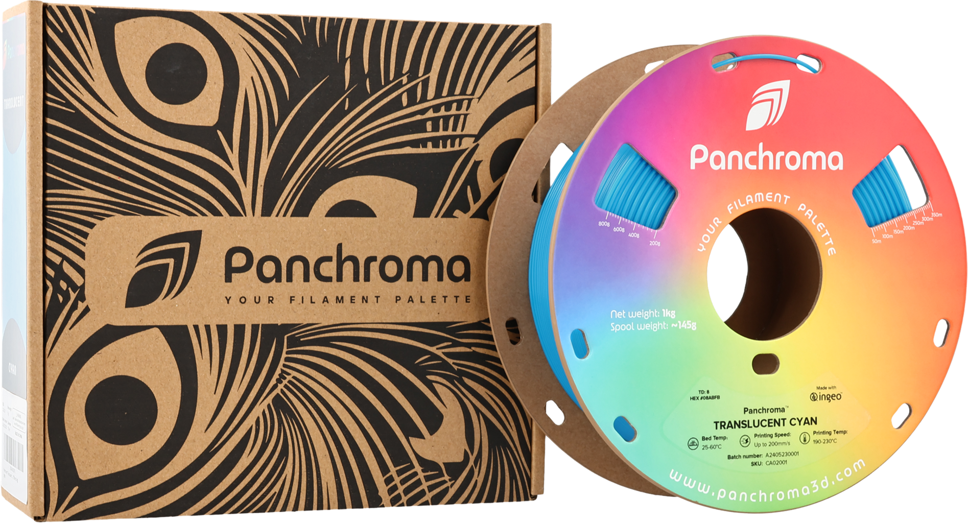 Polymaker  Panchroma™ PLA Translucent Cyan, 1,75 mm / 1000 g    Faszinierende Lichteffekte in Cyan