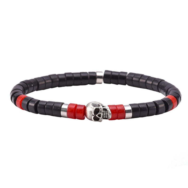 Bracelet Perles Heishi Pierres Naturelles Agate Noire Et Rouge Tête De Mort-Small-16cm