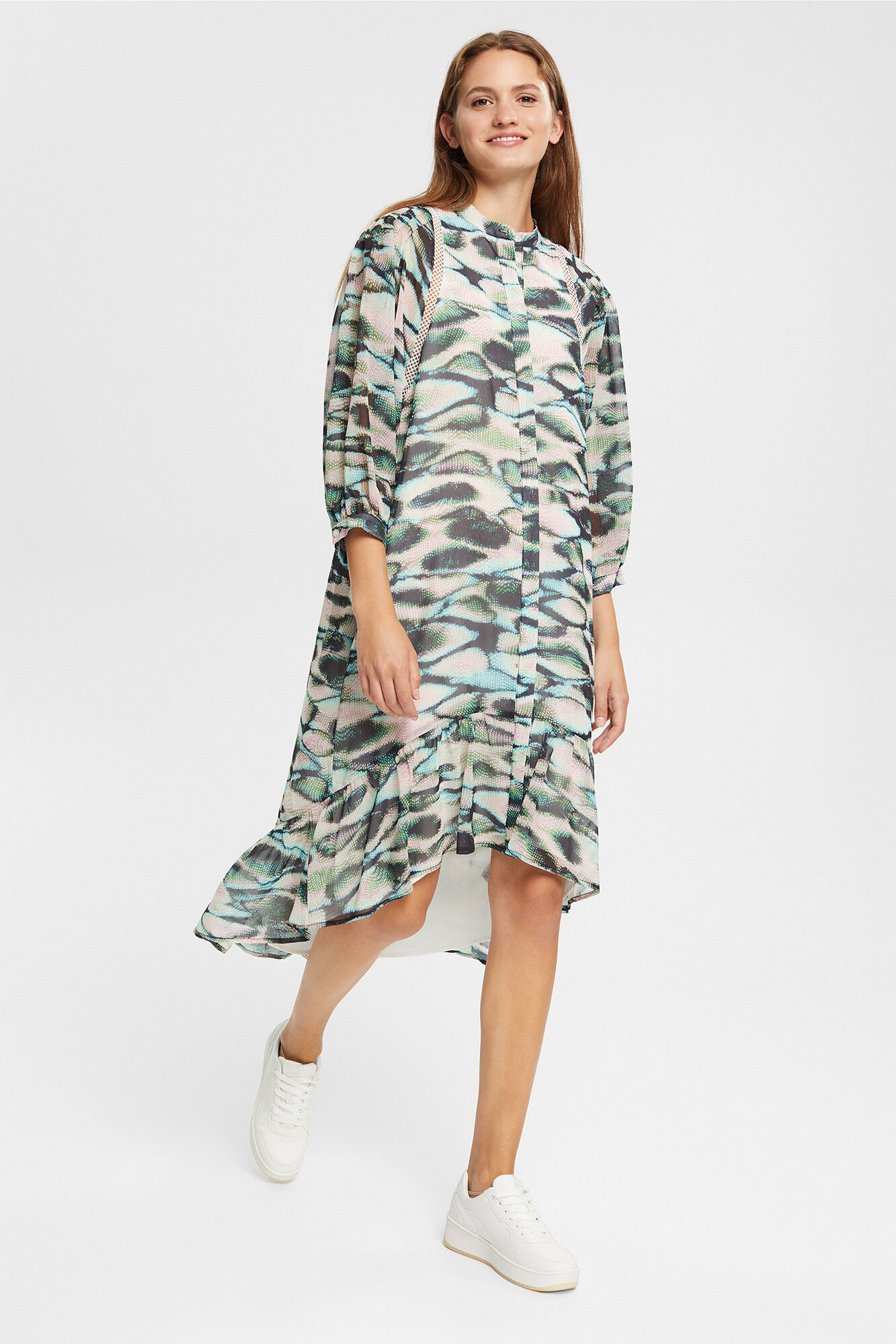 Vestido assimétrico de chiffon com estampa animal - Estampa verde