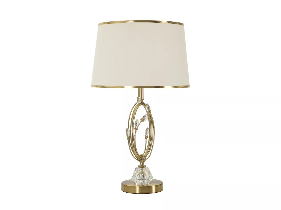 Lampe à poser Versailles en métal doré - diamètre 36x60 cm, élégant décor géométrique, abat-jour en tissu beige avec bordure dorée