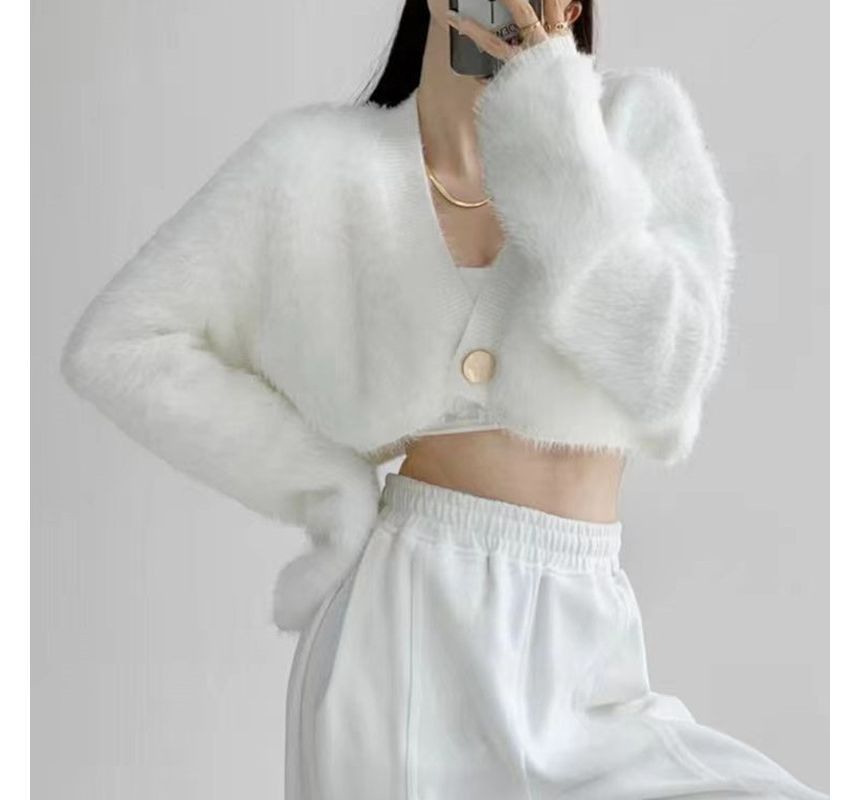 FR - V-hals effen pluizige crop top met knoopjes