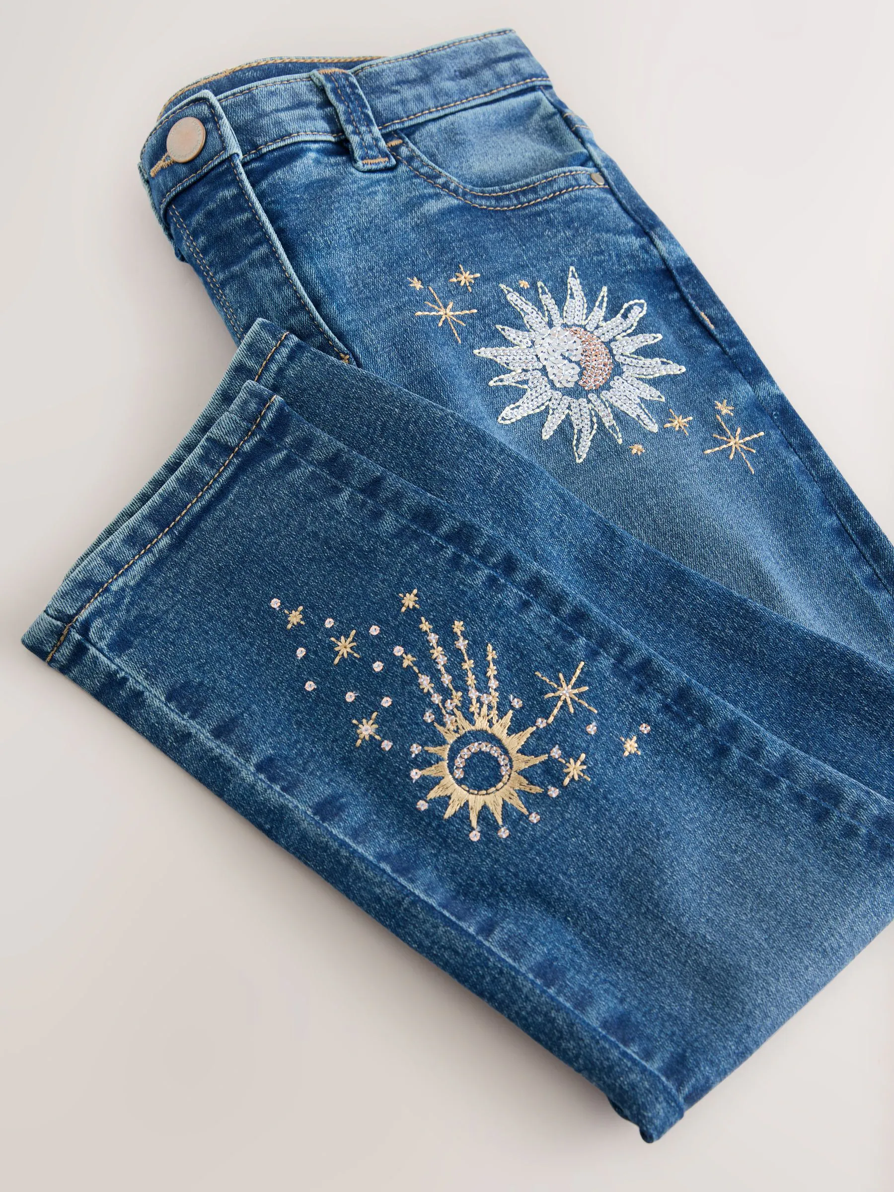 Normaal blauw - Jeans met rechte pijpen en bloemenborduursel (3-16jr)