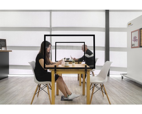 Glazen scheidingswand met hygiënische bescherming, voor tafelmontage, zwart houten frame, 90x60 cm
