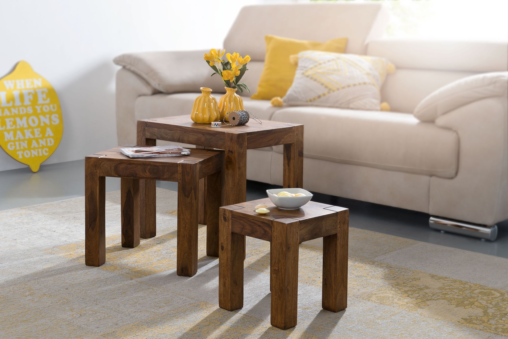 FineBuy Design Sheesham 3-teiliger Satz Beistell Tisch Massivholz Couchtisch
