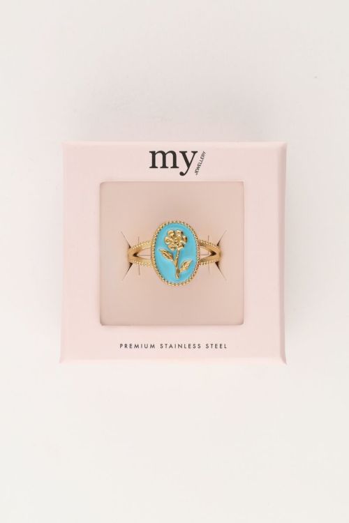 Art blauwe statement ring met bloem