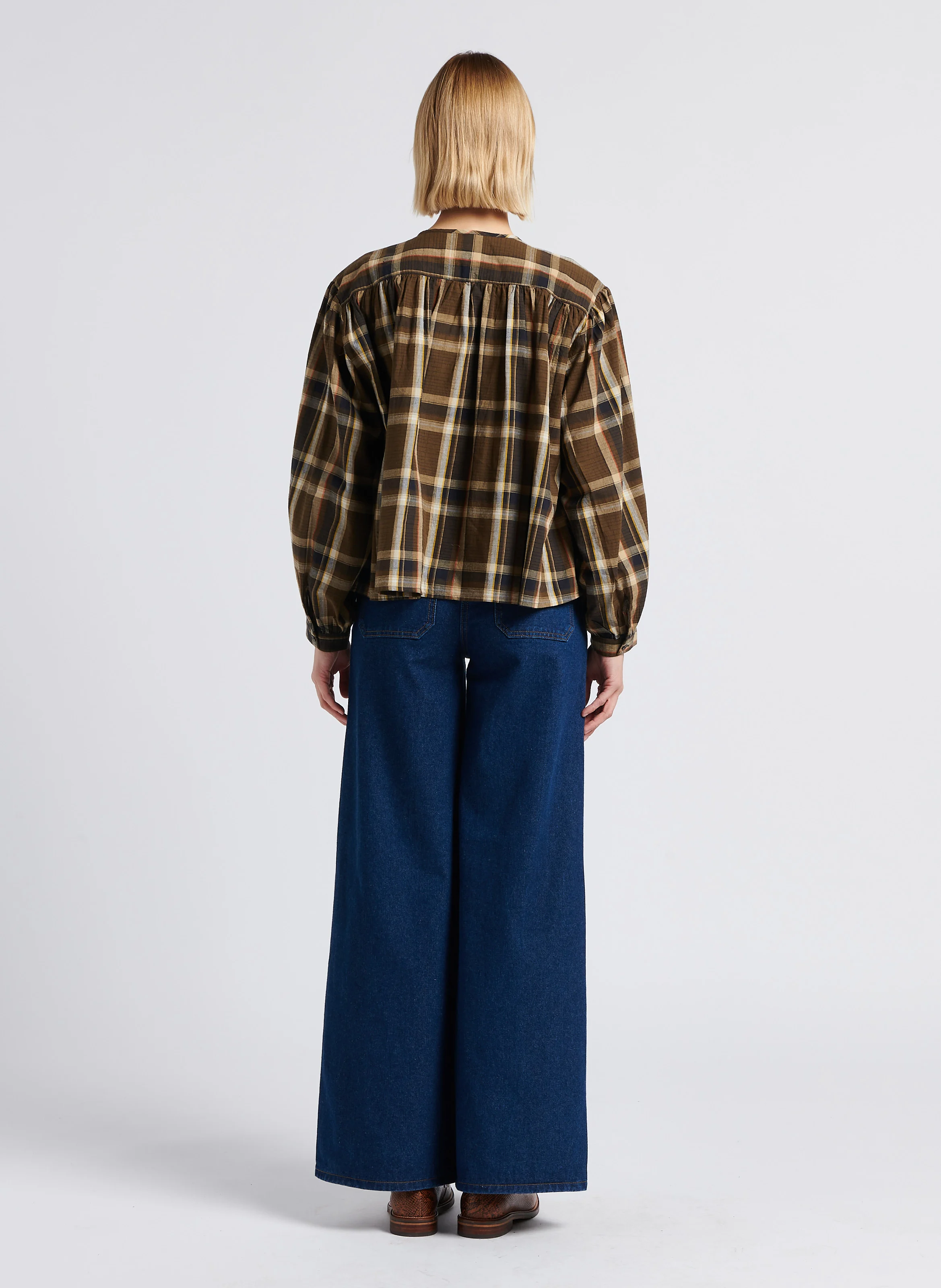 ELINA - Blouse évasée col rond en coton imprimé | Marron