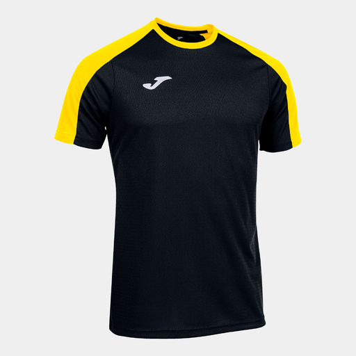 Camiseta Joma Eco Championship de manga curta, preta e amarela.