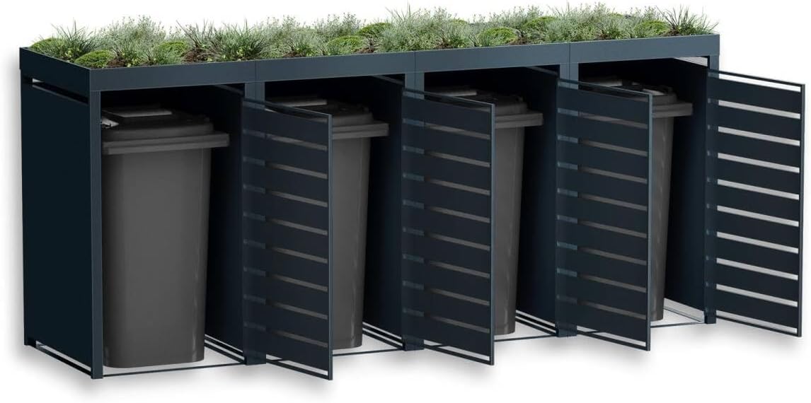 Metzler Mülltonnenbox 4er 240L in Anthrazit & Holzoptik mit Pflanzdach & Sichtstreifen, Mülltonnenverkleidung 4 Tonnen mit Automatikdeckel, Müllbox mit pulverbeschichtetem Stahl rostfrei, abschließbar