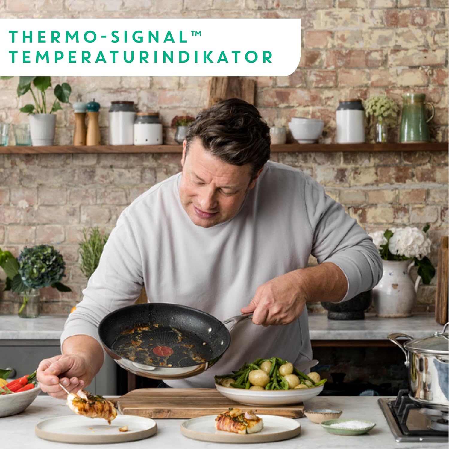 Tefal Jamie Oliver Cook's Direct On Pfannenset 20/24/28 cm, Thermo-Signal bei idealer Brattemperatur, Antihaft, Bratpfannen Induktion, rostfrei, backofenfest, genieteter Griff, E304S344