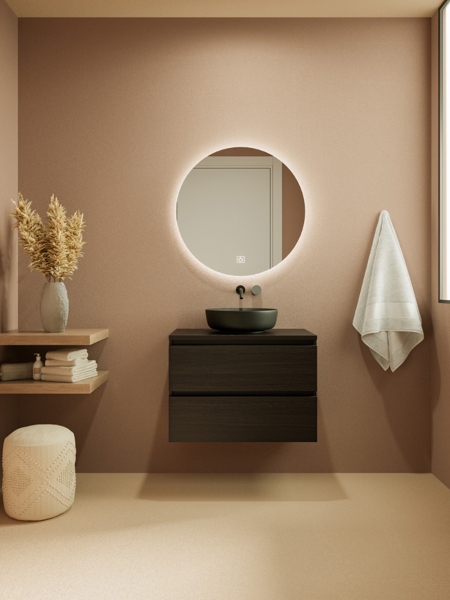 Fontana Proma badkamermeubel 80cm met zwarte waskom en LED spiegel kasteel bruin