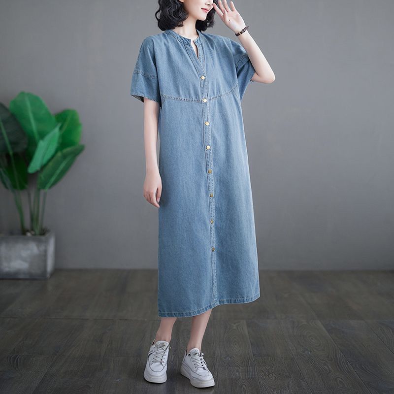 INEN - Maxi-jurk met korte mouwen en V-hals van gewassen denim