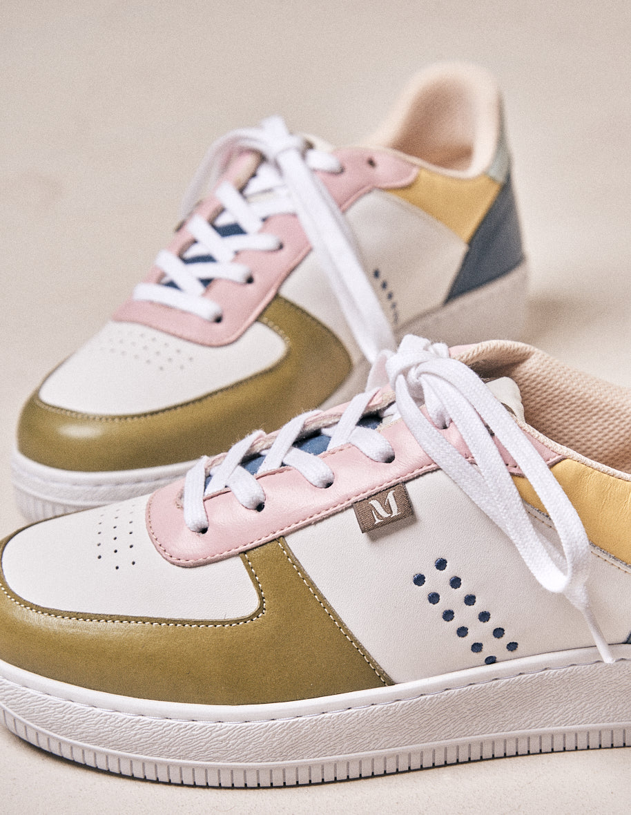 Baskets basses Maxence F - Cuir olive blanc rose clair