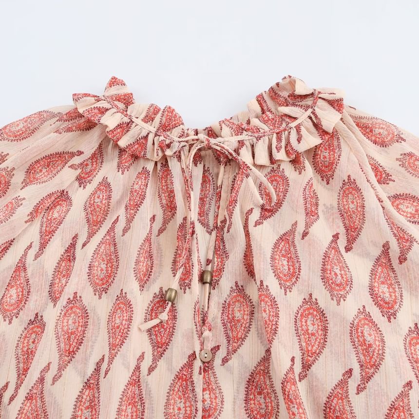 Avauntgardo - Blouse met lange mouwen, opstaande kraag, paisleyprint, volant en strik aan de voorkant