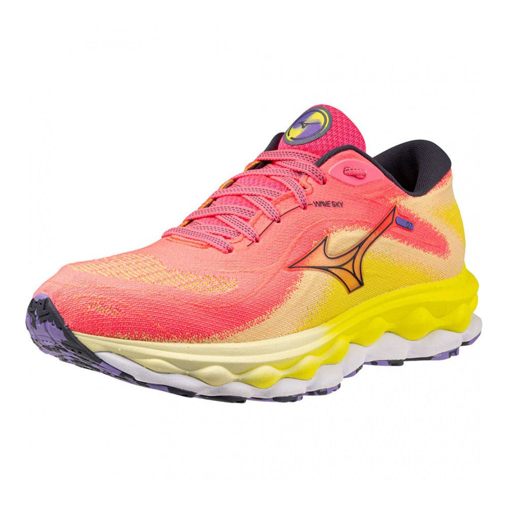 Mizuno WAVE SKY 7 - Chaussures running Femme high-vis pink/ombreblue/boltneon