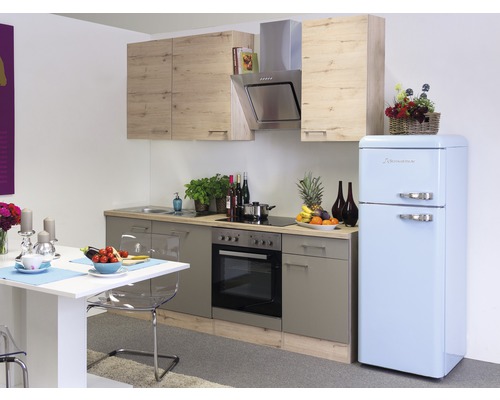 Flex Well keukenblok met apparatuur Riva 220 cm kwartsiet cubanit san remo licht mat eiken gedemonteerd omkeerbaar uitvoering 00010774