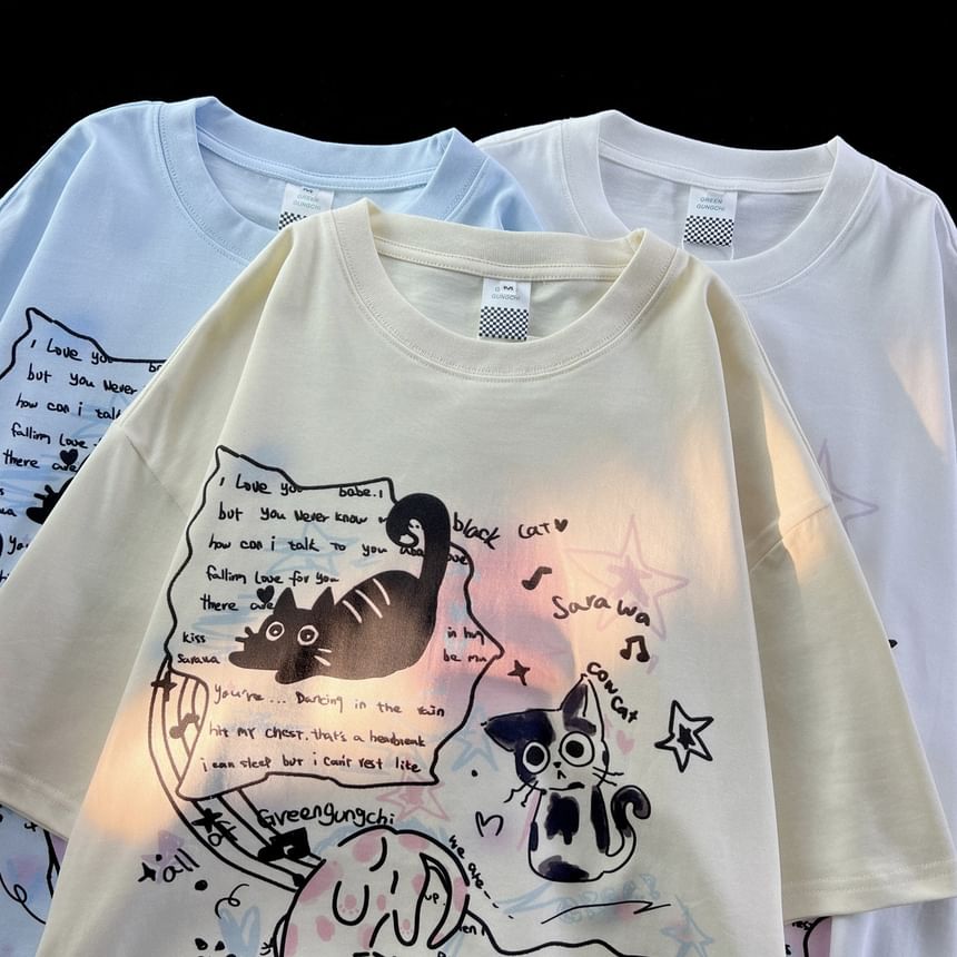 Rosesand - T-shirt met korte mouwen en katten- en letterprint, losvallend