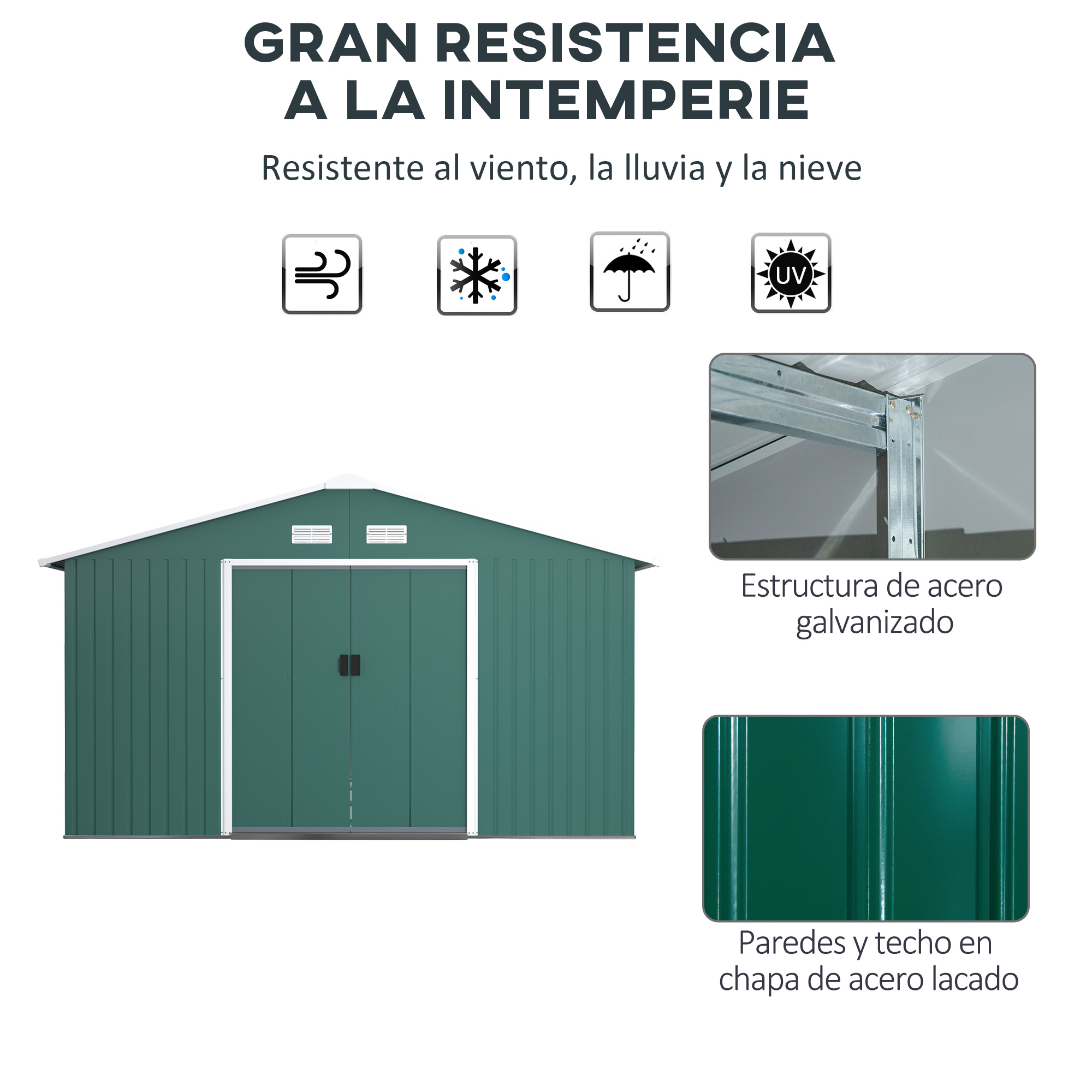 Casinha de jardim externa Outsunny, 12,4 m² (340 x 386 x 200 cm), com 2 portas de correr, base reforçada (piso NÃO incluído), para pátio ou terraço, cor verde.