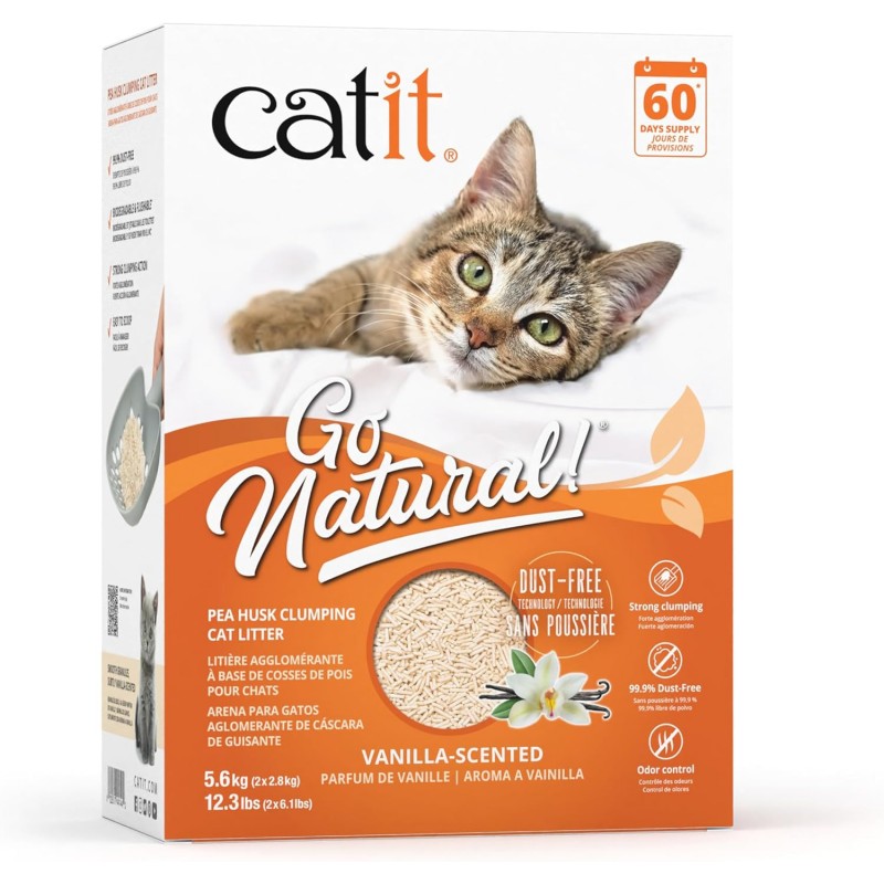 Areia higiênica aglomerante Catit Go Natural com casca de ervilha, 25% de desconto, 7kg, aroma de baunilha.