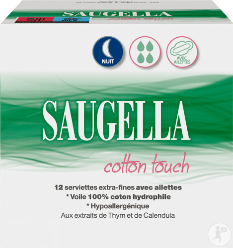 Saugella Cotton Touch Serviettes Extra-Fines Avec Ailettes Nuit 12 Pièces