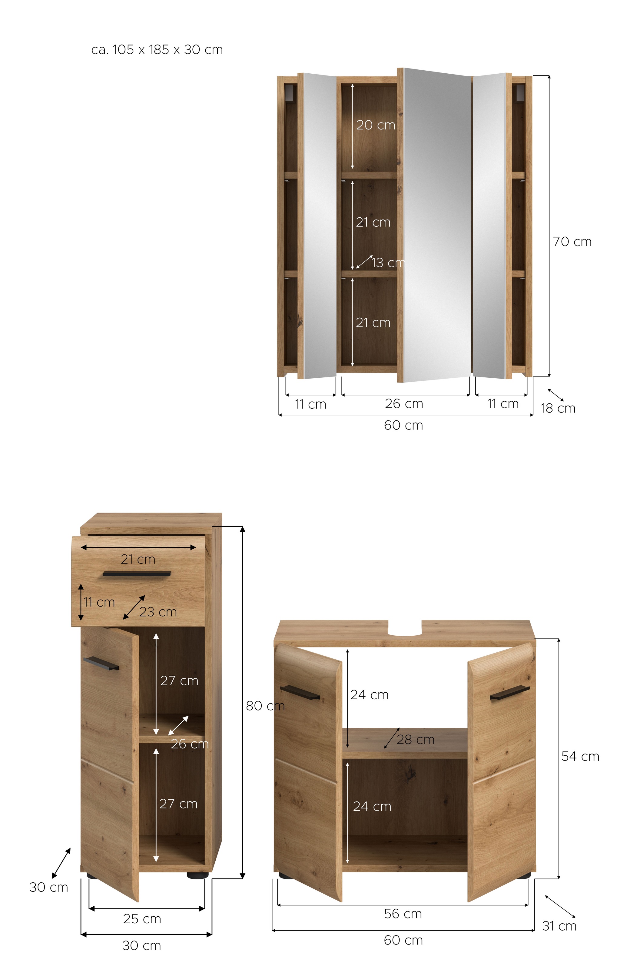 INOSIGN Badmöbel-Set »FLORENZ, TOPSELLER!, 3-teilige Badkombination, hochwertige MDF-Front« best. aus: 1 Unterschrank, 1 Waschbeckenunterschrank, 1 Spiegelschrank,