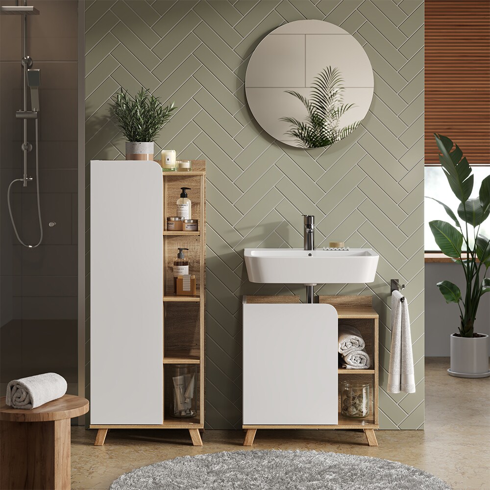 Vicco Midischrank Karen 50 x 128 cm, Sonoma Weiß, Badschrank, schmal, Badezimmer, modern