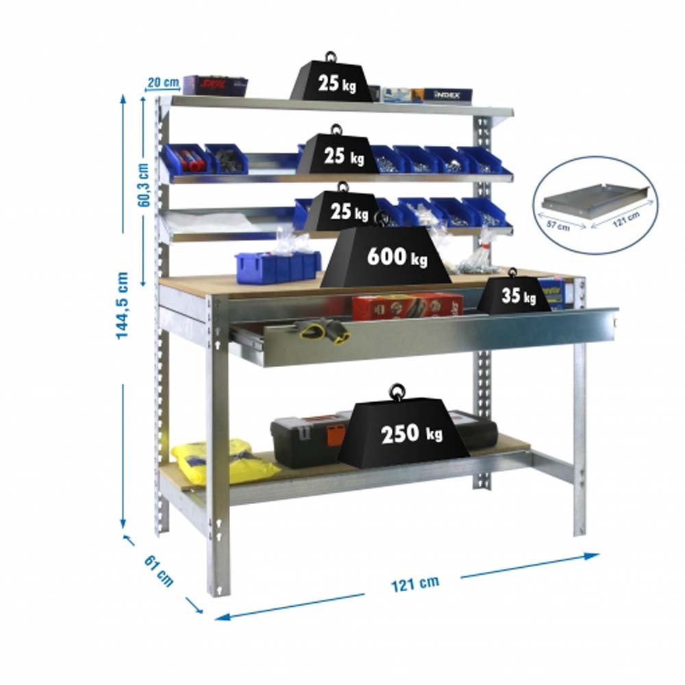 PROREGAL Buffalo werkbank met voorplank en lade, afmetingen (H x B x D): 84 x 120 x 61 cm, draagvermogen: 600 kg, gegalvaniseerd
