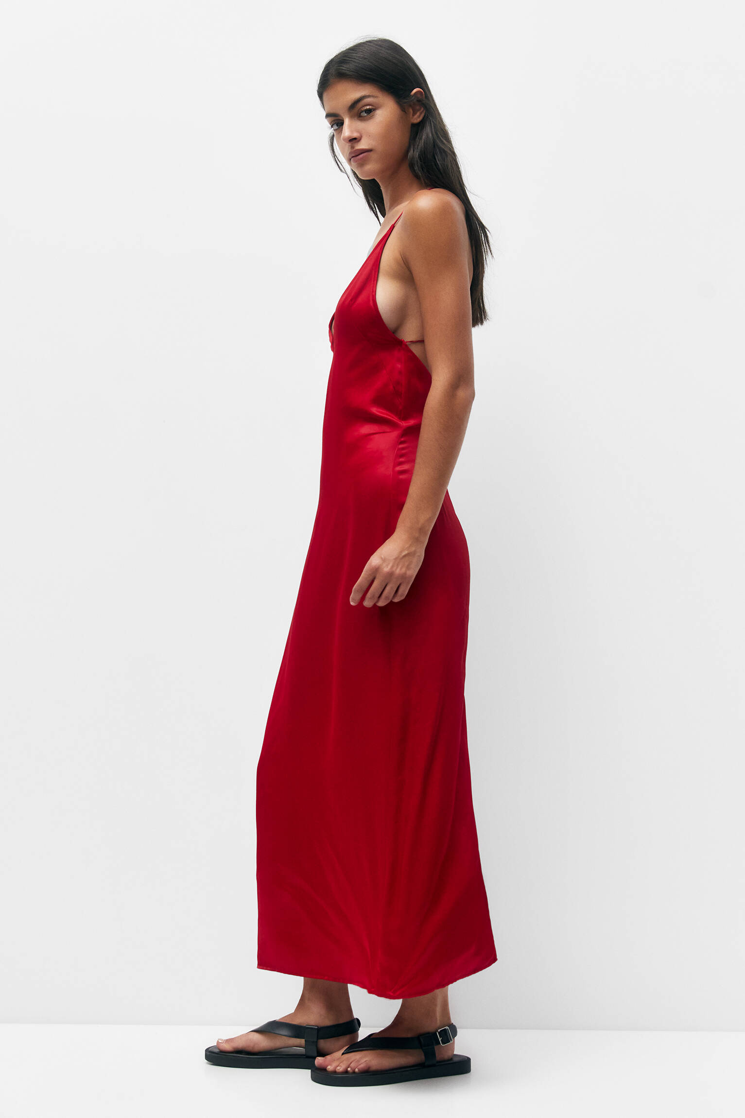 VESTIDO LONGO DE CETIM VERMELHO - VERMELHO