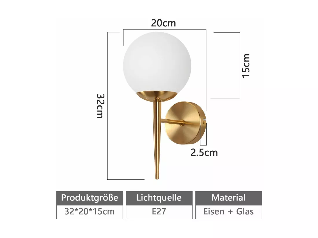 NETTLIFE Applique murale vintage boule de verre dorée E27 lampe murale d'intérieur chambre escalier