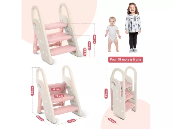 Marchepied Pliable pour Enfant Bébé avec 3 Marches Antidérapant, Rehausseur Stable, Hauteur Réglable, Multifonction avec Poignées Sécurité, Rose et beige