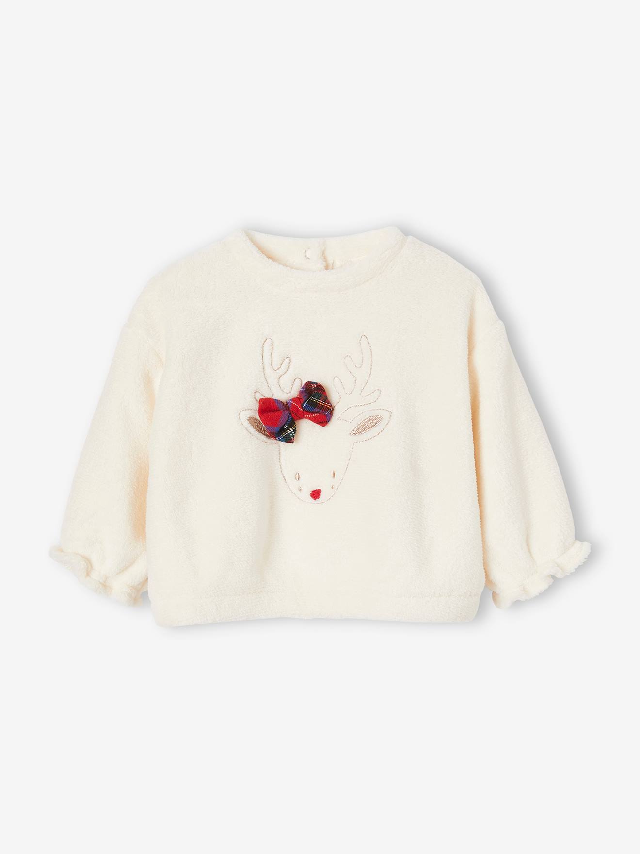 Moletom de pele sintética com estampa de rena para bebê, cor off-white