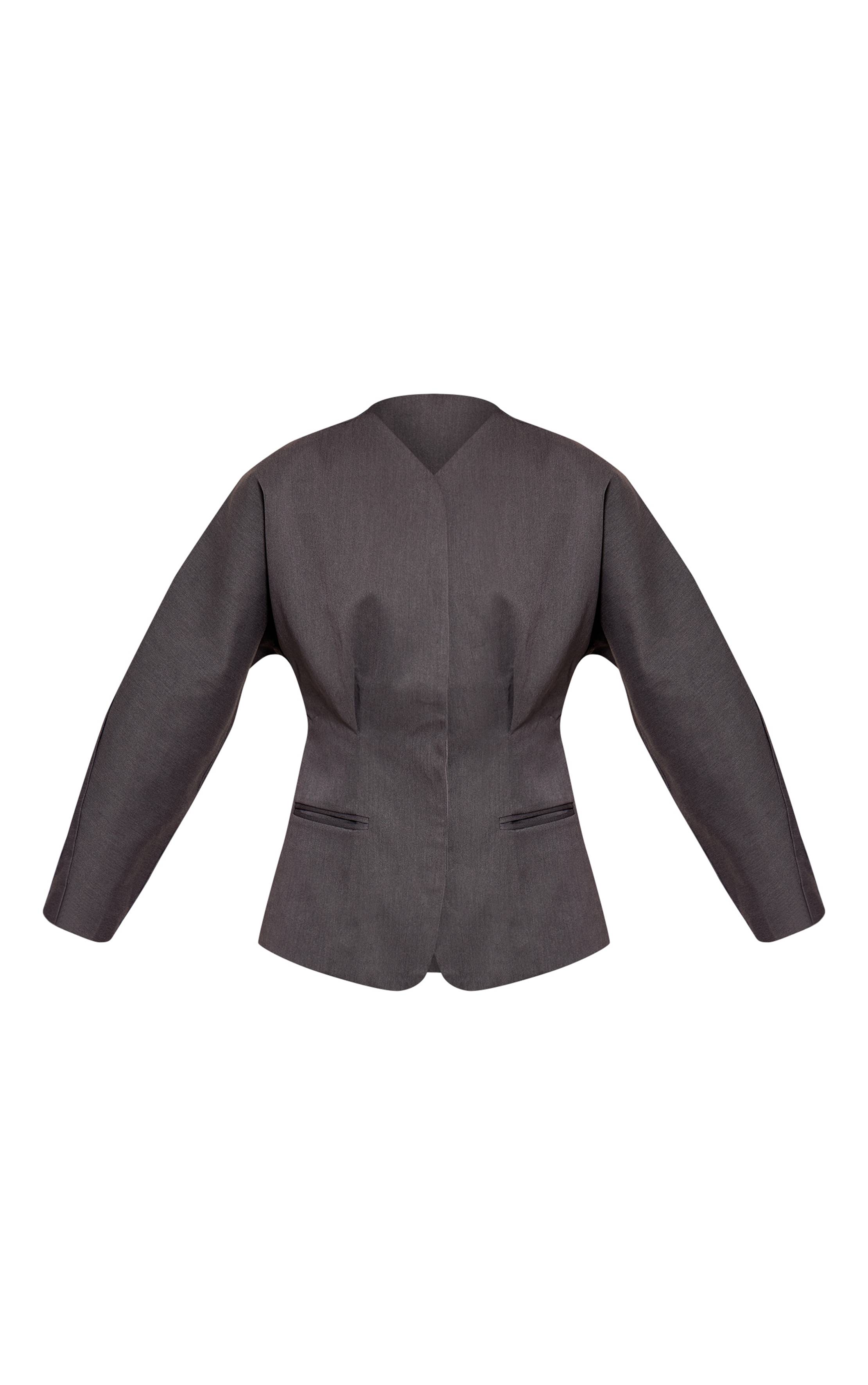 Charcoal Grey Blazer Ajusté Sans Col En Tissu Tissé Premium Avec Ensemble Coordonné