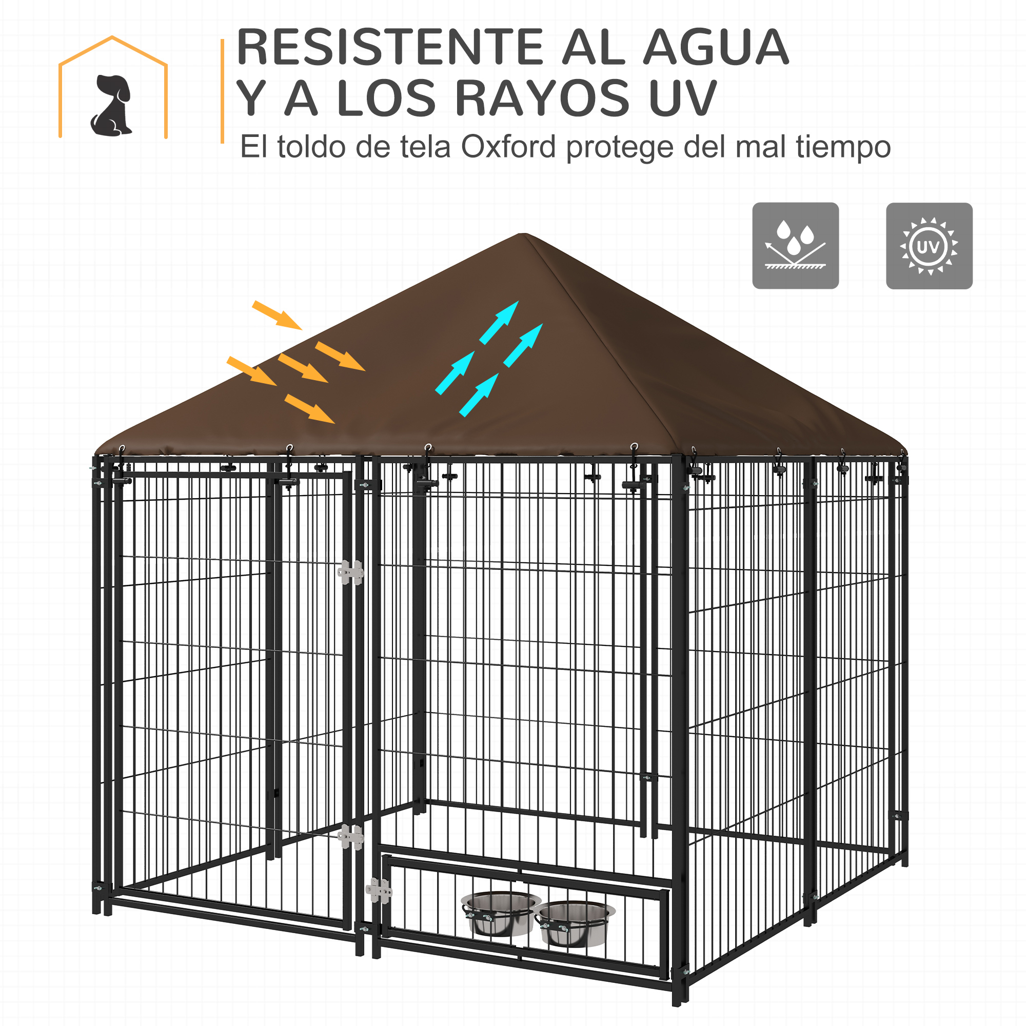 Canil PawHut com cobertura, cercado metálico para cães com suporte giratório para comida e 2 comedouros para pátio, jardim e terraço, 141x141x151 cm, preto