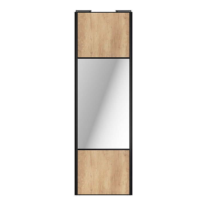 Porte de placard coulissante avec miroir effet chêne brut profil noir GoodHome Arius H. 248,5 x L. 77.2 cm + amortisseurs