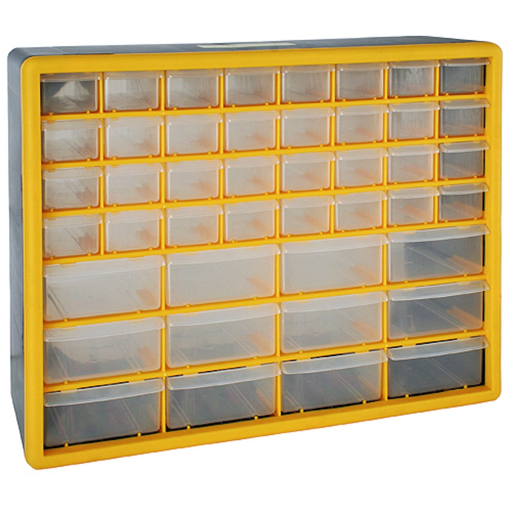 PROREGAL Cosimo opbergkast voor kleine onderdelen met 44 laden, grijs/geel, HxBxD 39 x 50 x 16 cm, plank voor kleine onderdelen, assortimentsdozen, plank voor assortimentskisten