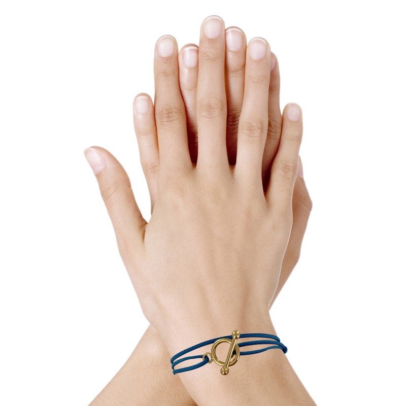 Bracelet Double Tour Plaqué Or Fermoir T et Lien en Cuir Coulissant - Bleu Navy