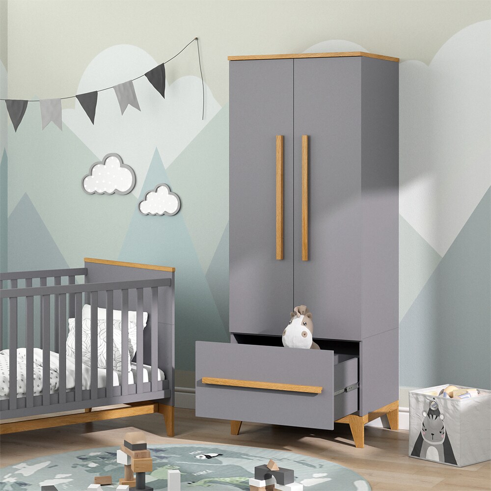 VitaliSpa Kleiderschrank Kinderzimmerschrank Aufbewahrungsschrank Malia Grau Eiche modern 70x187 cm Kinderzimmer Möbel Babymöbel Schublade Tür Fach Kleiderstange Ablage Babyzimmerschrank