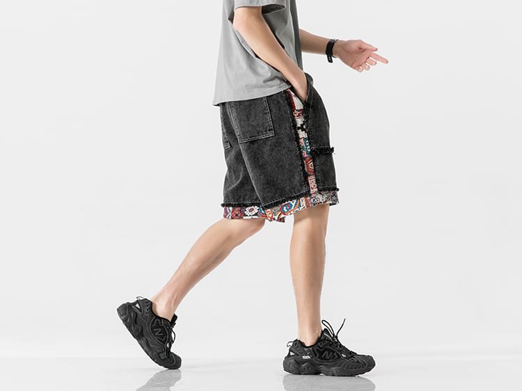 VEAZ - Denim shorts met trekkoord in de taille en gewassen rafelpaneel
